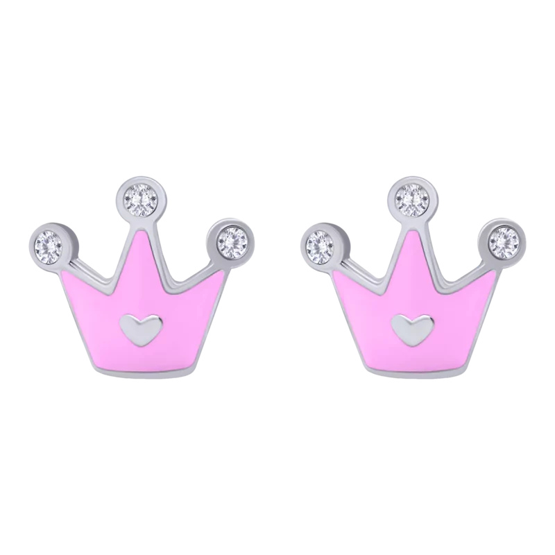 Earrings Crown with a Heart with pink enamel and Cubic Zirconia photo