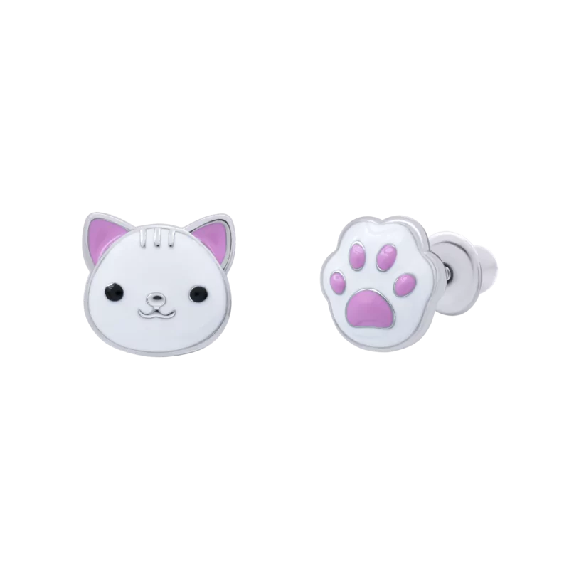 Stud earrings Cat with a Paw with white and pink enamel photo