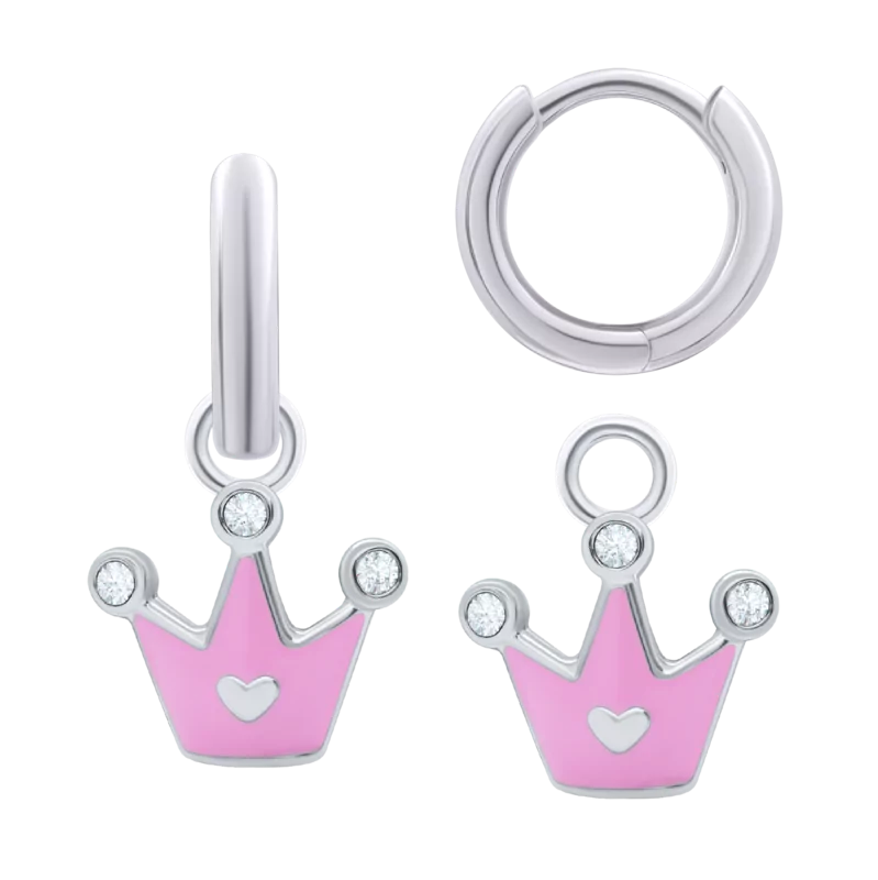 Earrings with pendants Crown with a Heart with pink enamel and Cubic Zirconia photo