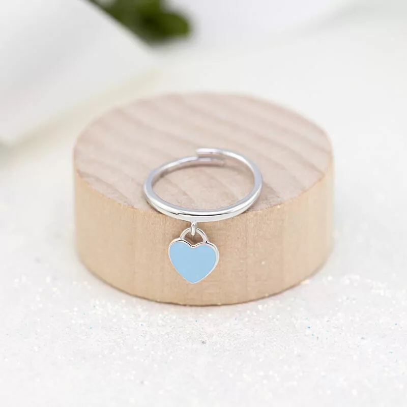 Кольцо Сердце с подвеской с голубой эмалью фото