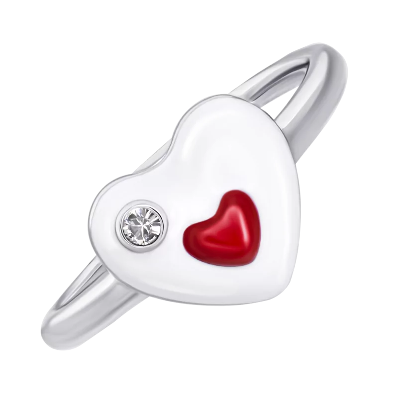 Кольцо Сердце в сердце с бело-красной эмалью и фианитом фото
