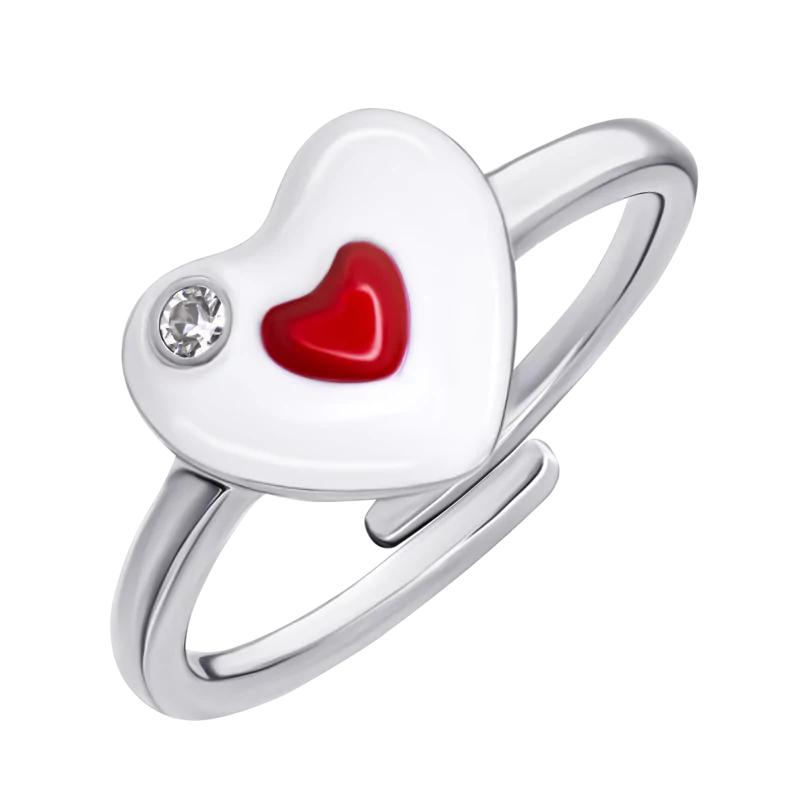 Кольцо Сердце в сердце с бело-красной эмалью и фианитом фото
