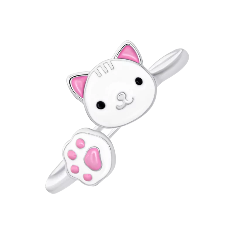 Кольцо Котик с лапкой с белой и розовой эмалью фото