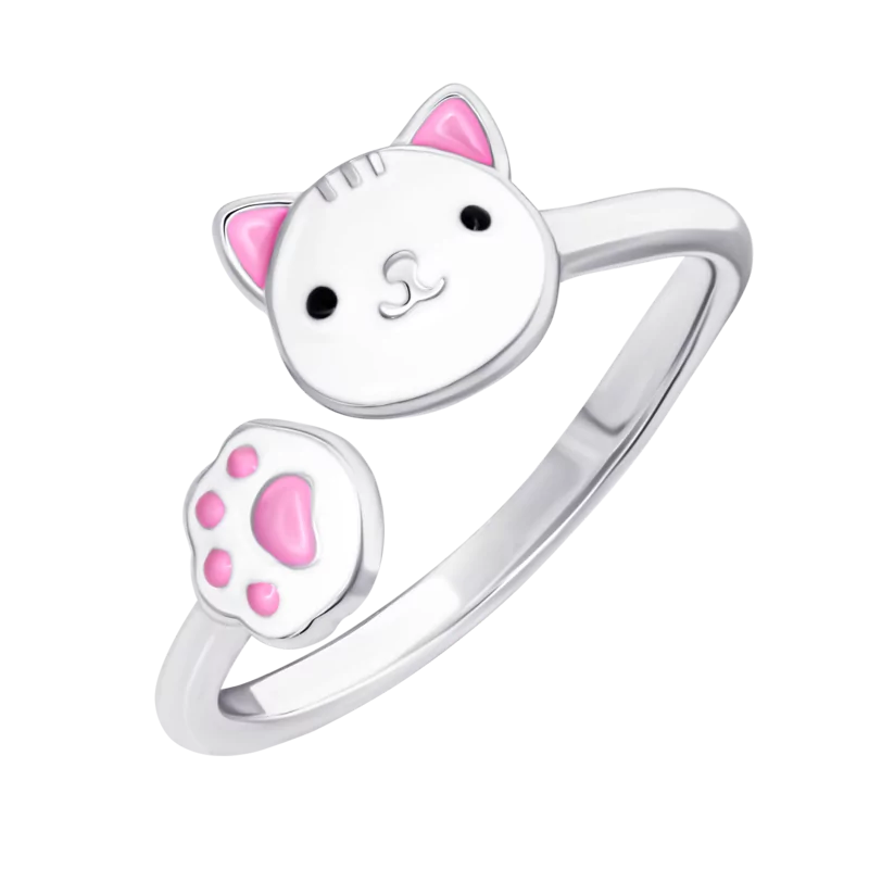 Кольцо Котик с лапкой с белой и розовой эмалью фото