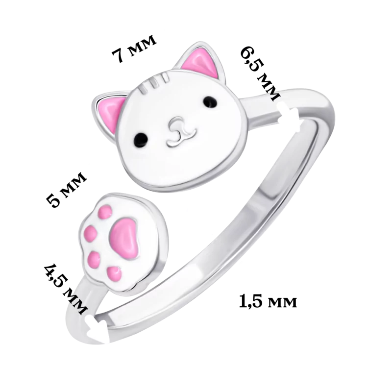 Каблучка Котик з лапкою із біло-рожевою емаллю photo