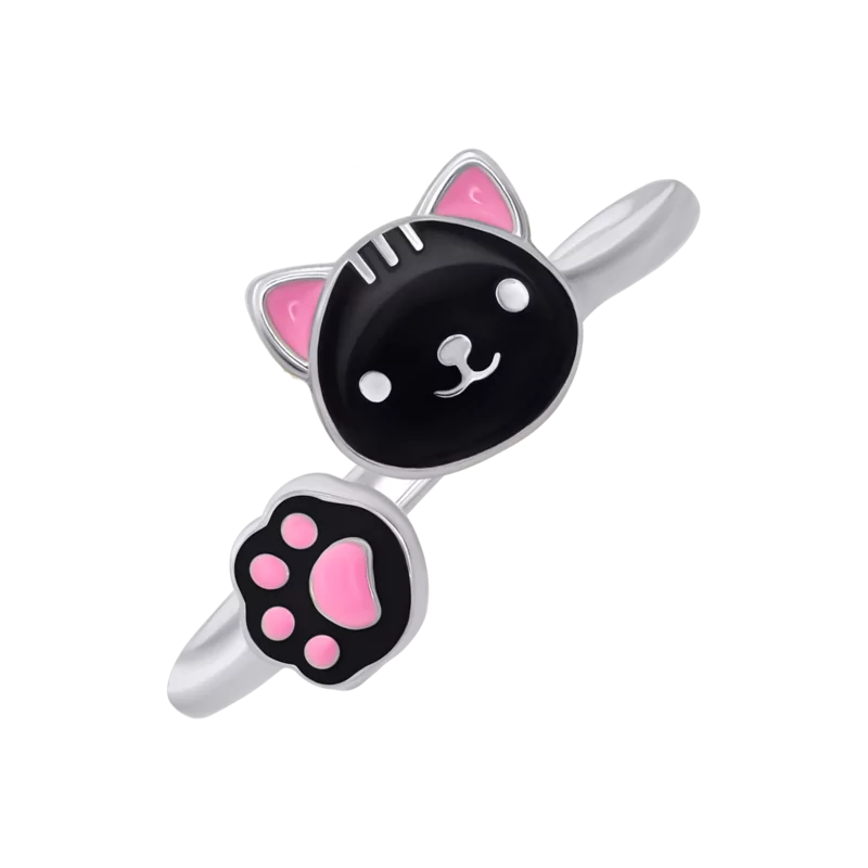 Каблучка Котик з лапкою із чорною та рожевою емаллю фото