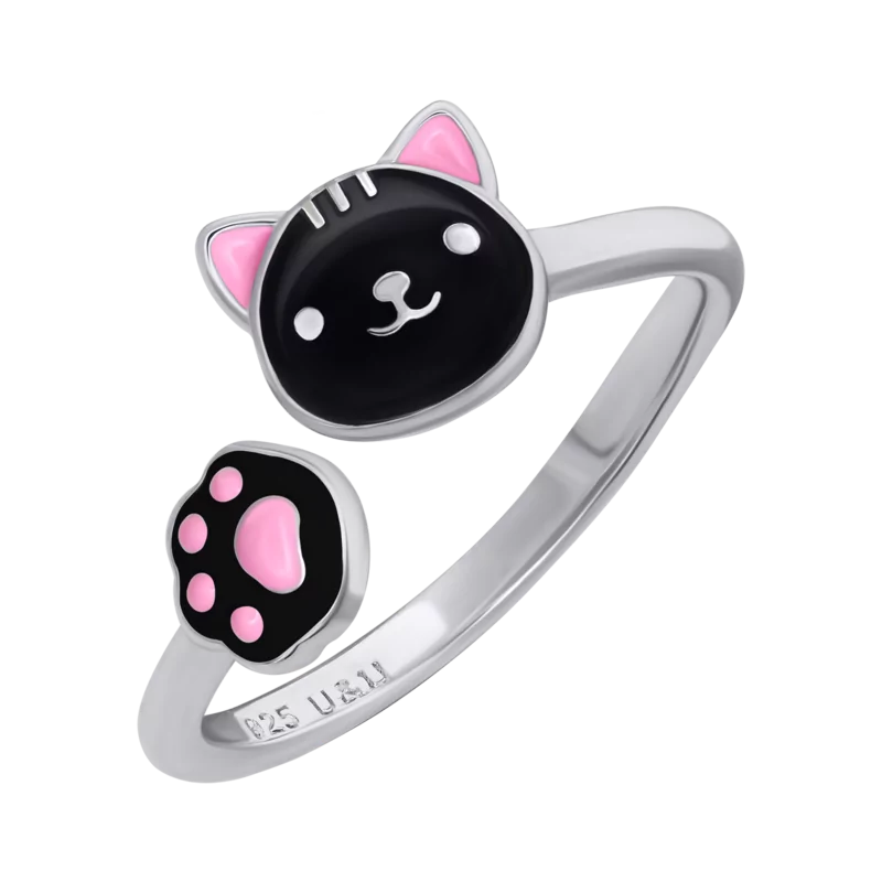 Каблучка Котик з лапкою із чорною та рожевою емаллю фото