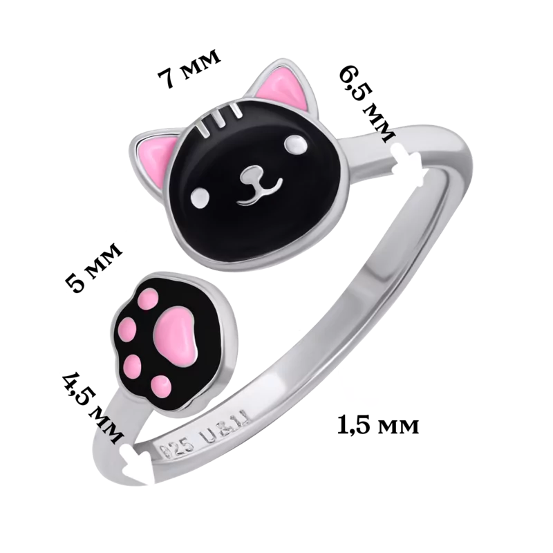 Каблучка Котик з лапкою із чорною та рожевою емаллю фото