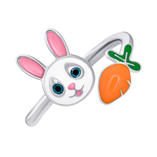 Кольцо Зайка с морковкой с бело-розовой и оранжевой эмалью фото