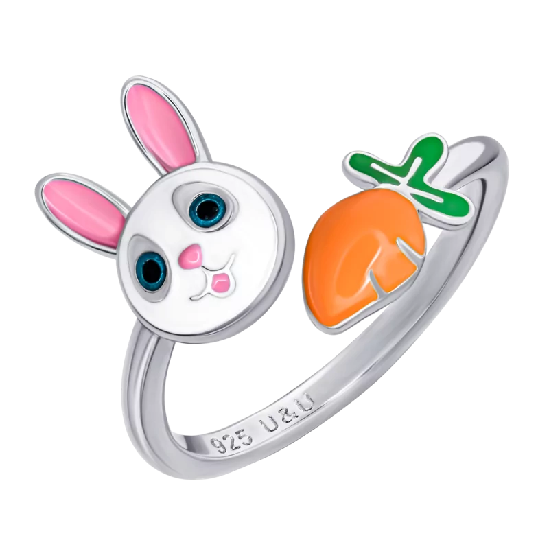 Кольцо Зайка с морковкой с бело-розовой и оранжевой эмалью фото