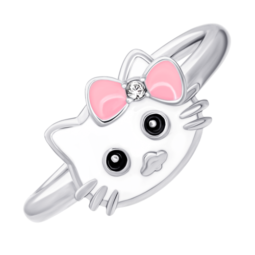 Кольцо Кити-котик с белой, розовой эмалью и фианитом фото