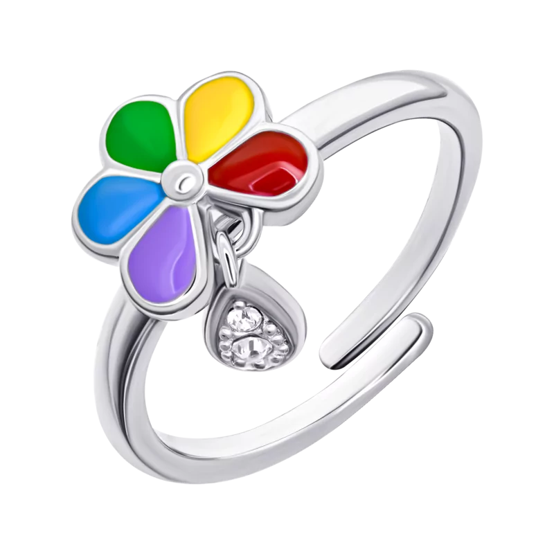 Кольцо Ромашка цветная с разноцветной эмалью и подвеской с фианитами фото