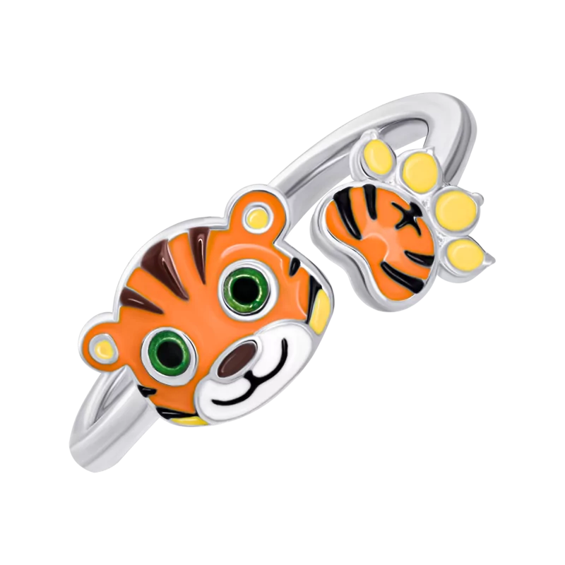 Каблучка Тигренятко з лапкою із помаранчевою емаллю фото