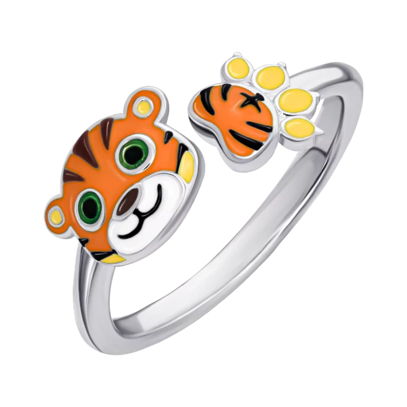 Каблучка Тигренятко з лапкою із помаранчевою емаллю фото