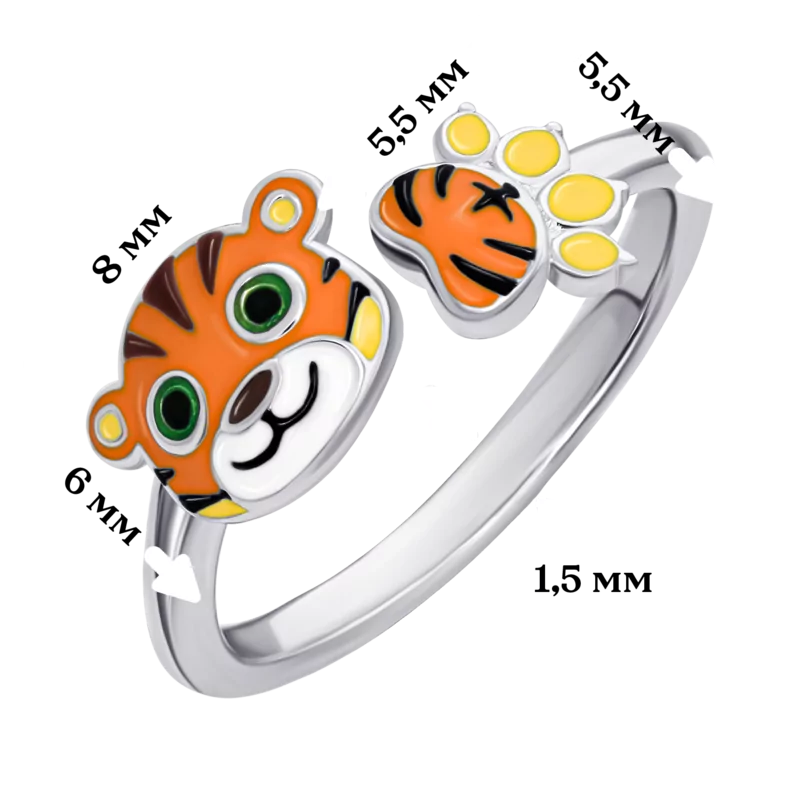 Каблучка Тигренятко з лапкою із помаранчевою емаллю фото