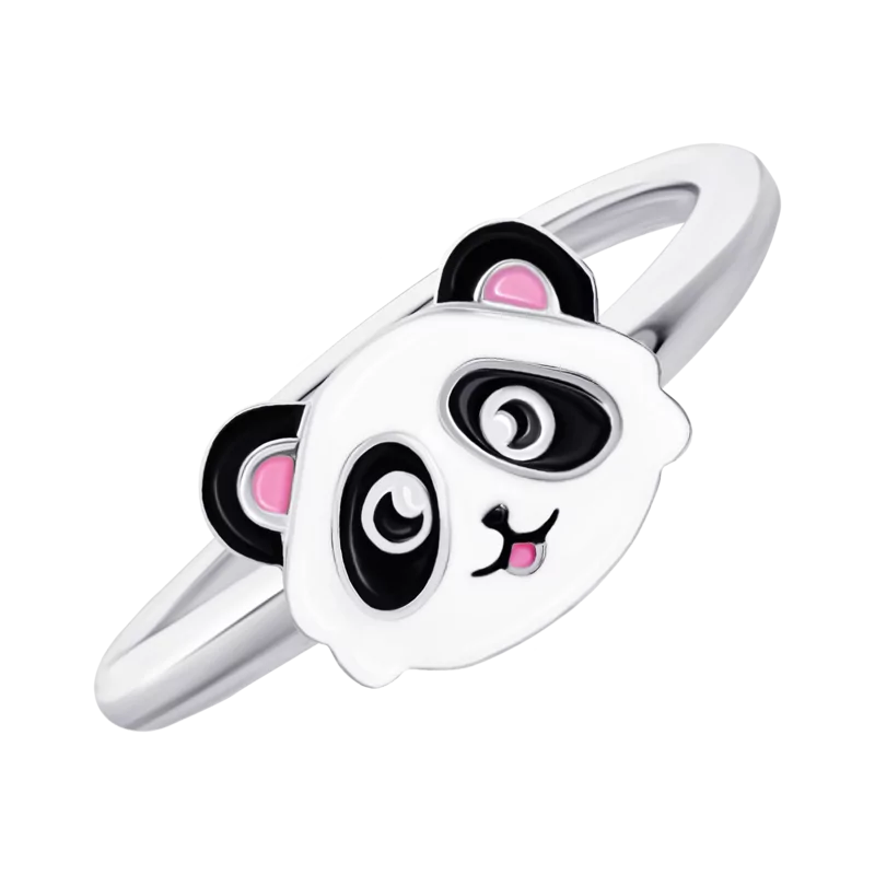 Кольцо Панда с бело-черной и розовой эмалью фото