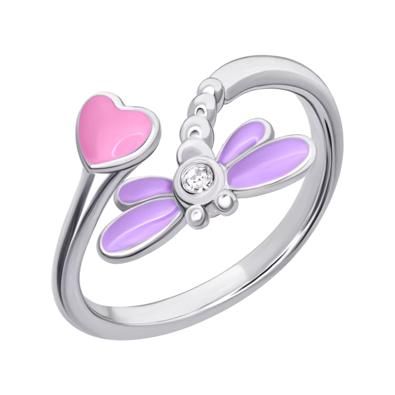 Кольцо Стрекоза с фиолетовой, розовой эмалью и фианитом фото