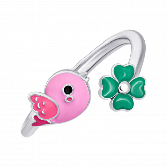 Кольцо Птичка с розовой и зеленой эмалью фото