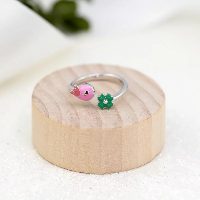 Кольцо Птичка с розовой и зеленой эмалью фото