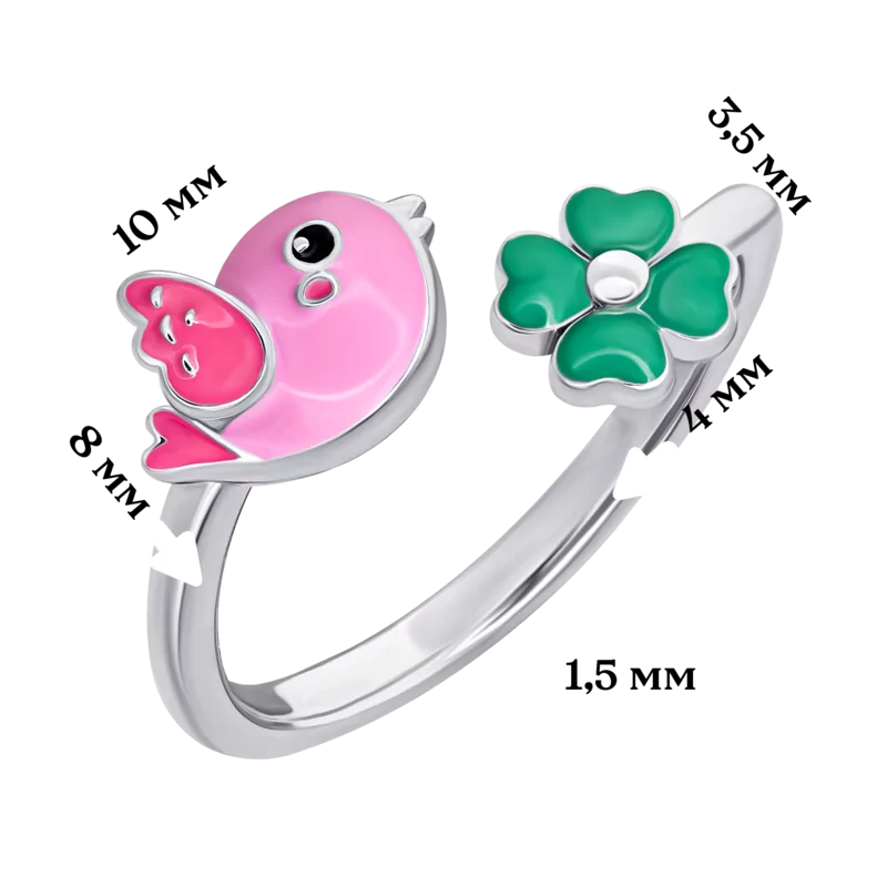 Кольцо Птичка с розовой и зеленой эмалью фото