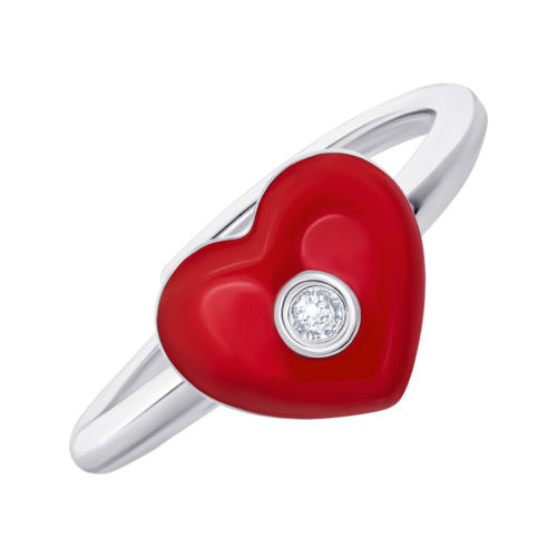 Каблучка Серденько з червоною емаллю та фіанітом фото