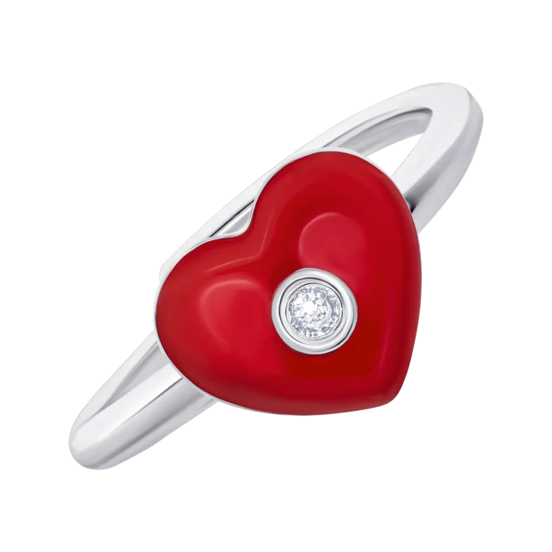Кольцо Сердечко с красной эмалью и фианитом фото