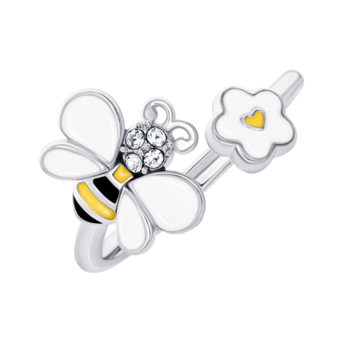 Кольцо Пчелка с цветочком с бело-желтой эмалью и фианитами фото