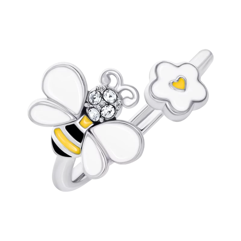 Каблучка Бджілка з квіточкою з біло-жовтою емаллю та фіанітами фото