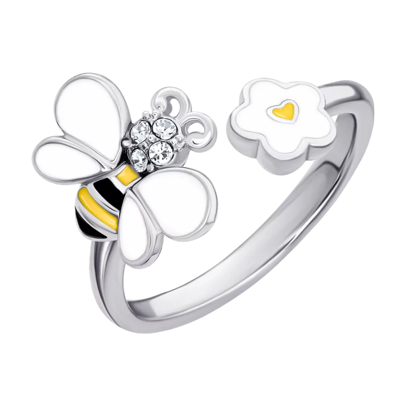 Кольцо Пчелка с цветочком с бело-желтой эмалью и фианитами фото