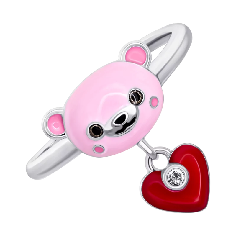 Кольцо Мишутка с сердцем с розовой, красной эмалью и фианитом фото