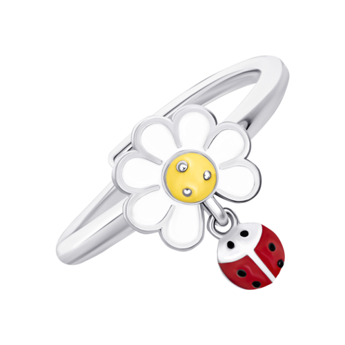 Кольцо Ромашка с божьей коровкой с белой, желтой и красной эмалью фото