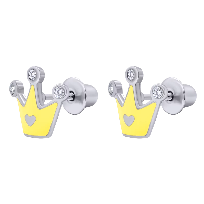 Earrings Crown with a Heart with yellow enamel and Cubic Zirconia photo