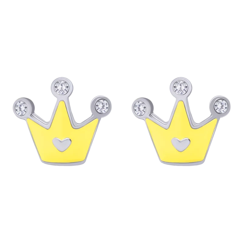 Earrings Crown with a Heart with yellow enamel and Cubic Zirconia photo