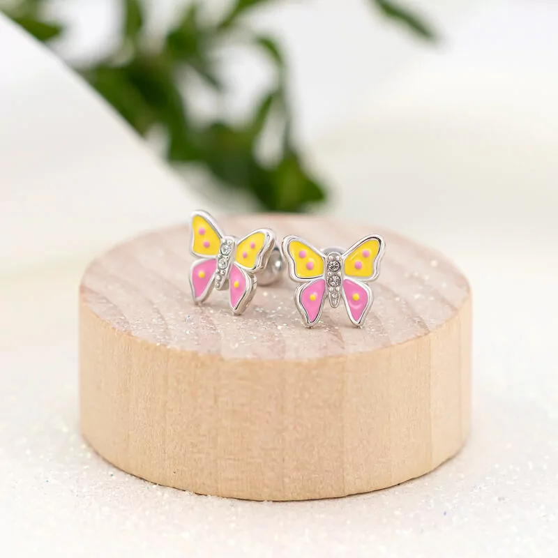 Сережки Метелик з кристалами з кольоровою емаллю та фіанітами фото
