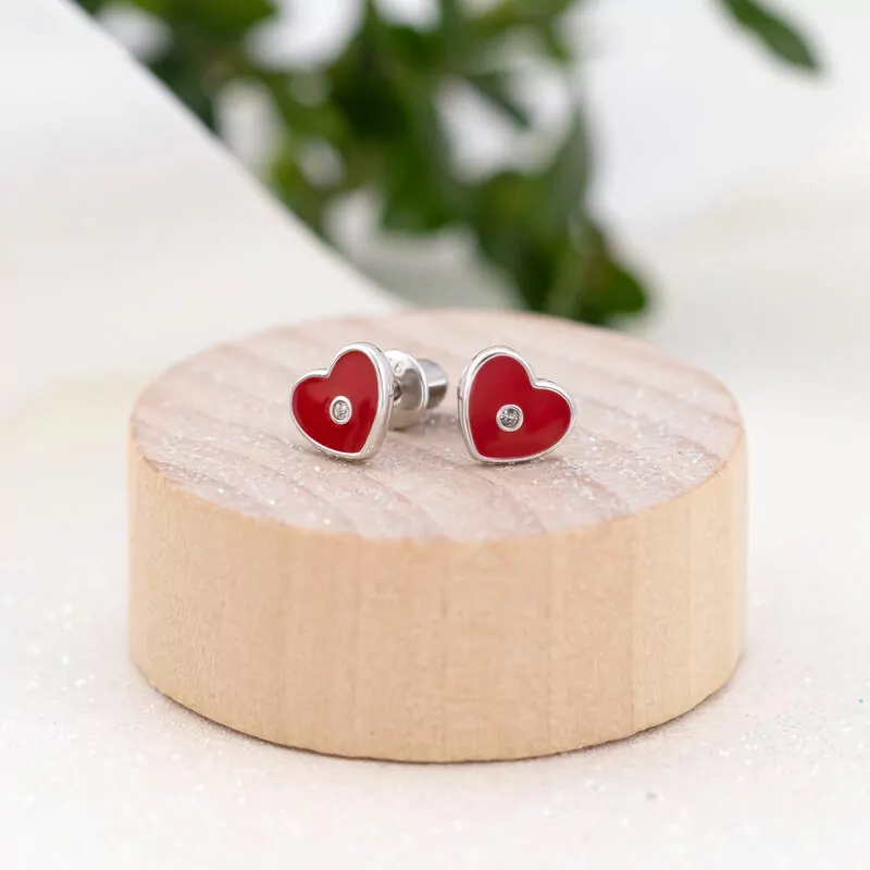 Сережки Серце з камінчиком червоне фото
