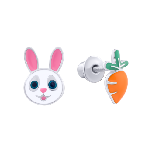 Сережки Зайчик з морквою із біло-рожевою та помаранчевою емаллю фото