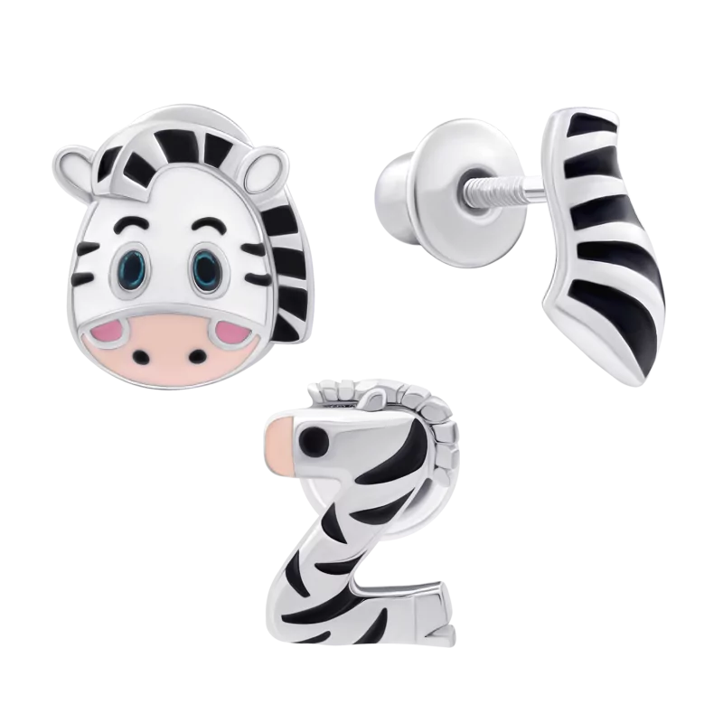Тріпл сережки Зебрятко з біло-чорною емаллю фото