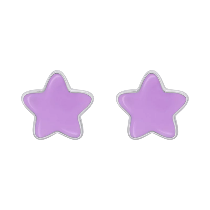Серьги-пуссеты Звездочки с фиолетовой эмалью фото