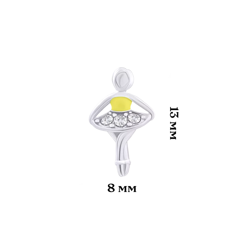 Сережки-пусети Балерина із жовтою емаллю та фіанітами фото