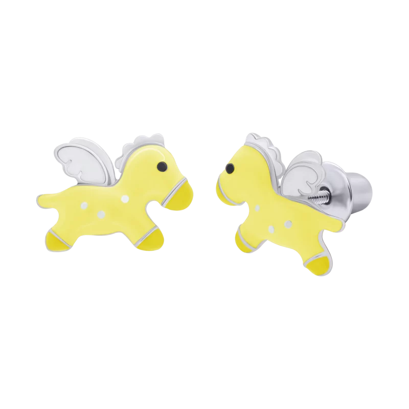 Stud earrings Pegasus with yellow and white enamel photo