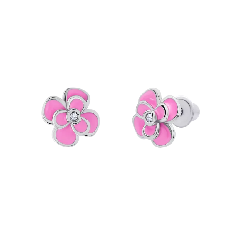 Earrings Peony with pink enamel and Cubic Zirconia photo