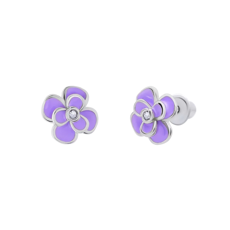 Earrings Peony with violet enamel and Cubic Zirconia photo