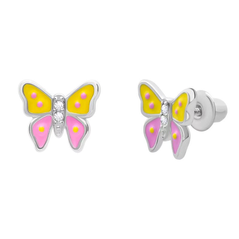 Сережки Метелик з кристалами з кольоровою емаллю та фіанітами фото
