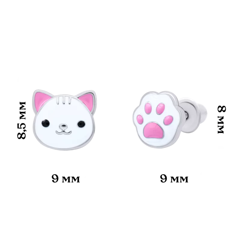 Сережки-пусети Котик з лапкою з білою та рожевою емаллю фото