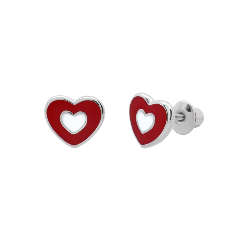 Сережки Сердечко в сердечку червоно-біле фото