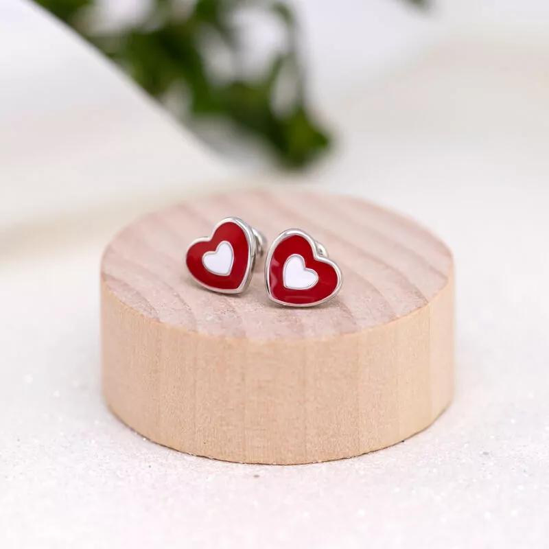 Сережки Сердечко в сердечку червоно-біле фото