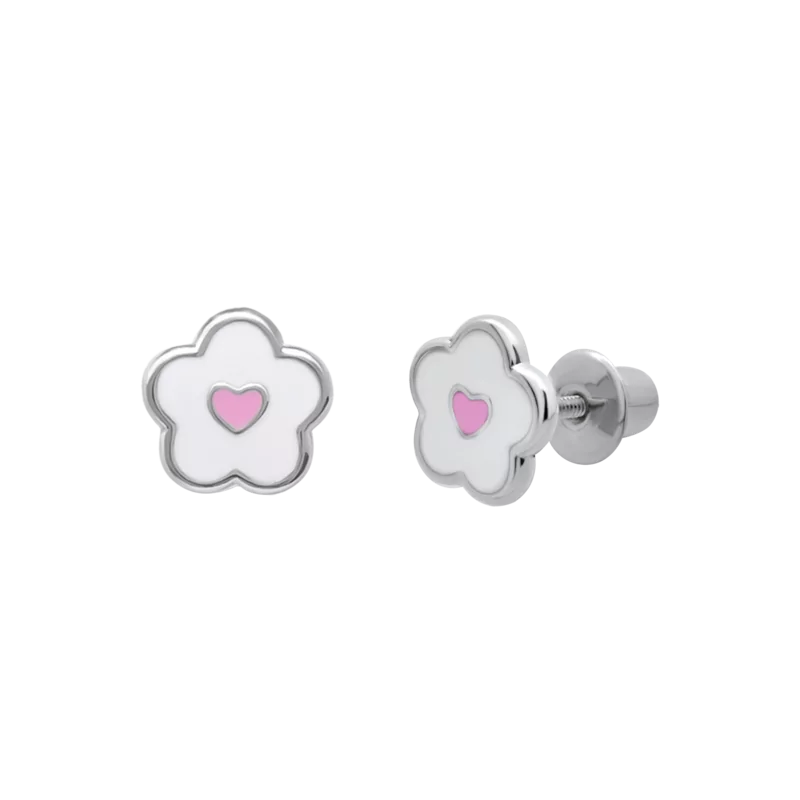 Сережки Квіточка з сердечком біло-рожева фото