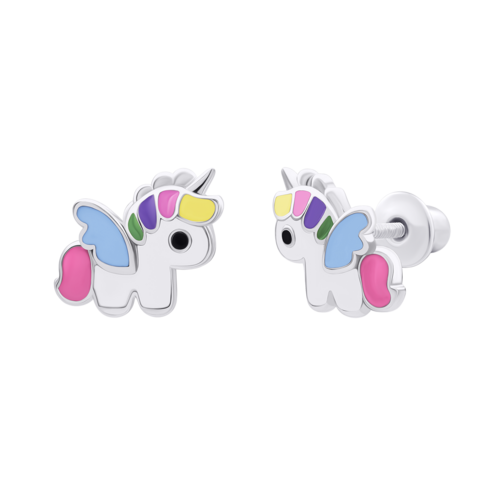 Серьги-пуссеты Единорог цветной с разноцветной эмалью фото