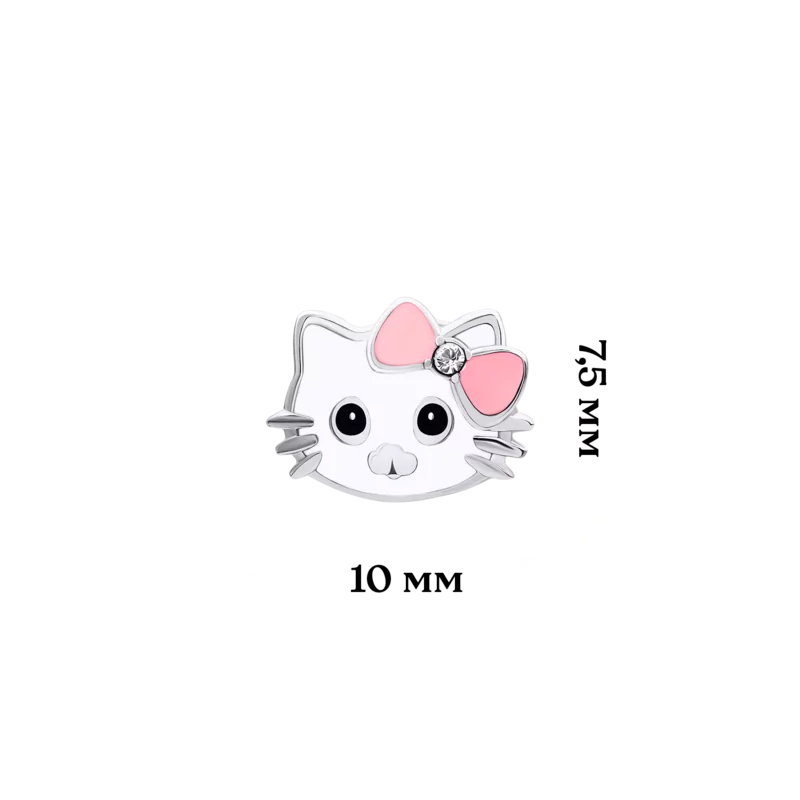 Сережки Кіті-котик із білою, рожевою емаллю та фіанітами фото