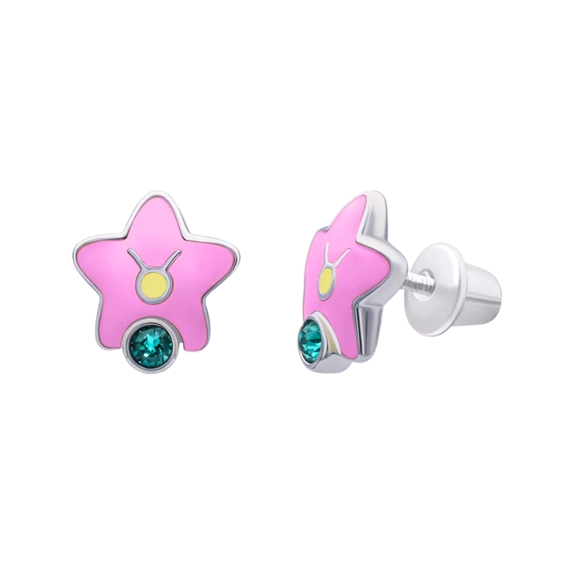 Сережки-зірочки Телець з талісманом з лазуровими фіанітами фото